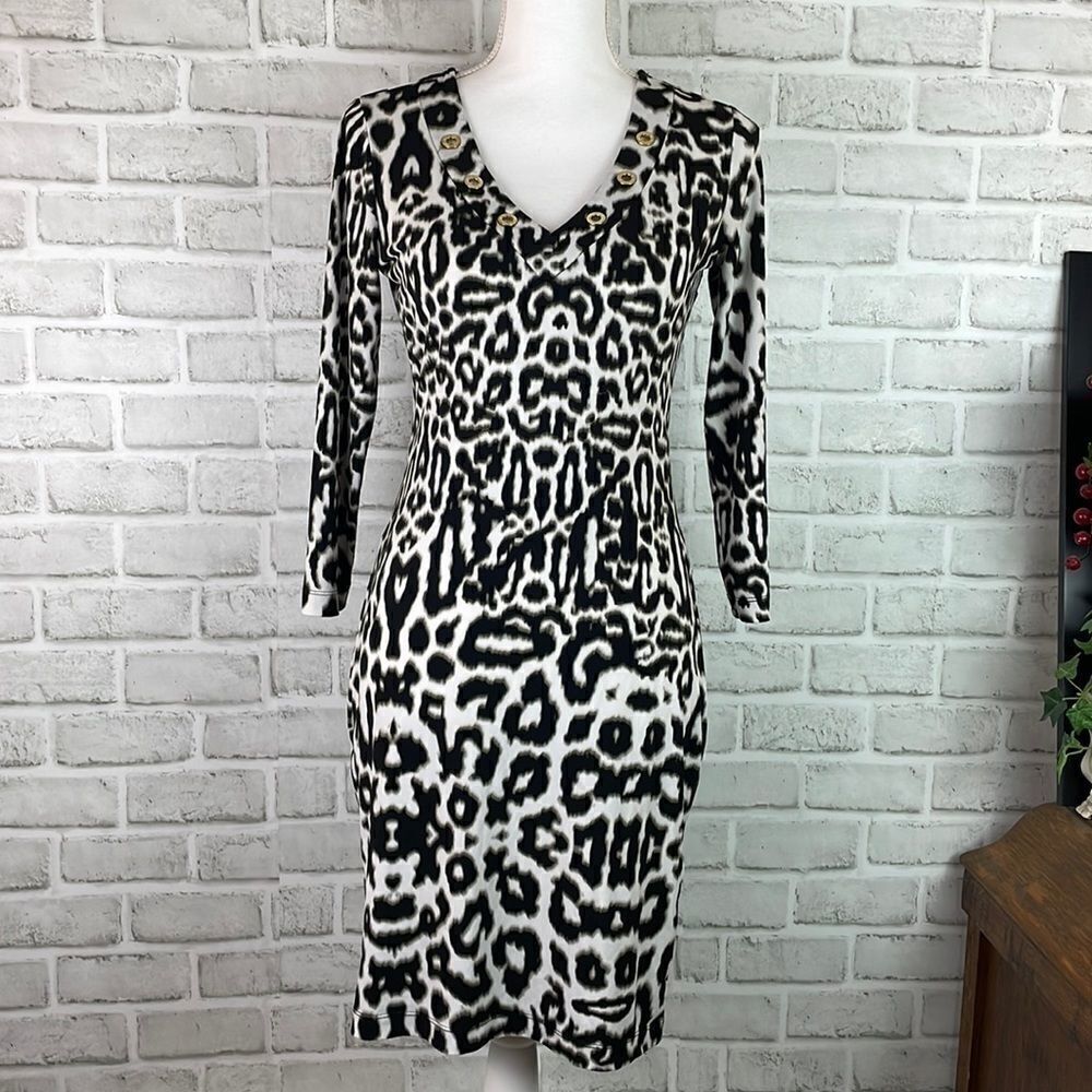 Size P Calvin Klein Cheetah Dress 3/4 Sleeve Gold Circles at Neckline Fall Dress - Picture 2 of 8